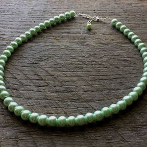 Green Pearl Necklace Mint Bridal Necklace One Single Strand Simple Pearl Necklace on Silver or Gold Chain image 1