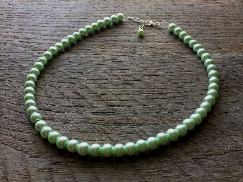 Green Pearl Necklace Mint Bridal Necklace One Single Strand Simple Pearl Necklace on Silver or Gold Chain image 1