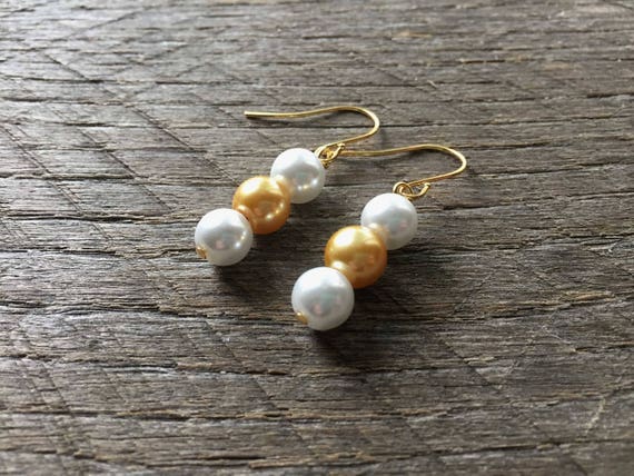 White and Gold Pearl Earrings Bridal Earrings Wedding | Etsy