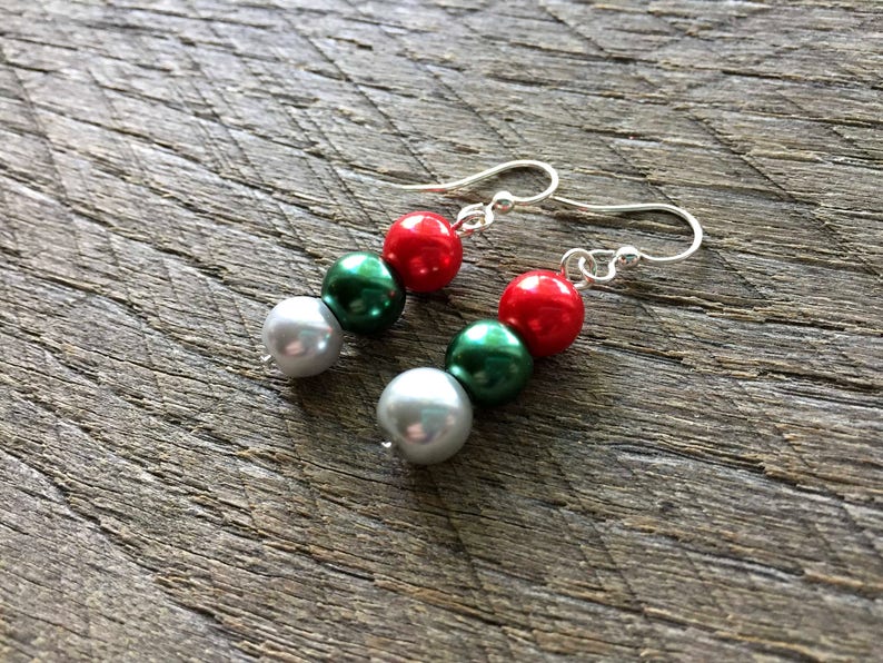 Christmas Jewelry Set, Silver Red Green Pearl Necklace Set, Christmas Jewelry, Xmas set, Xmas Jewelry on Silver Chain image 8