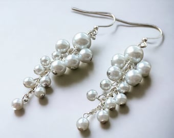 Pearl Chandelier Earrings, Handmade Statement Drop Earrings on Silver or Gold Plated Hook