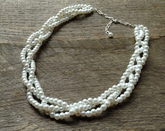 White Pearl Necklace, Pearl Bridal Necklace, Braided Pearl Wedding Necklace on Silver or Gold Chain