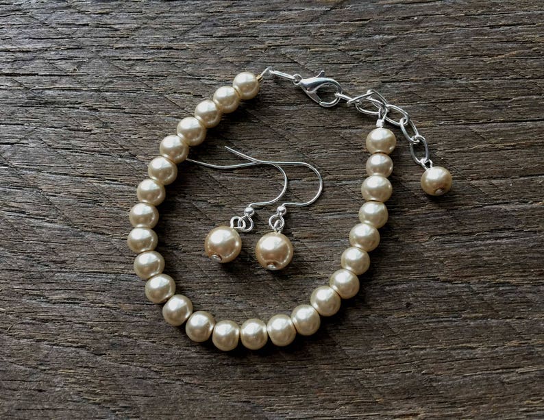 Champagne Flower Girl Set Pearl Bracelet Earring One Single Strand Simple Pearl Bracelet Earrings on Silver or Gold Chain and Ear Wire Hook image 2