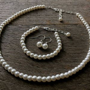 Cream Set Flower Girl Pearl Necklace Bracelet Earring One Single Strand Simple Pearl Necklace Bracelet Earrings on Silver or Gold image 1