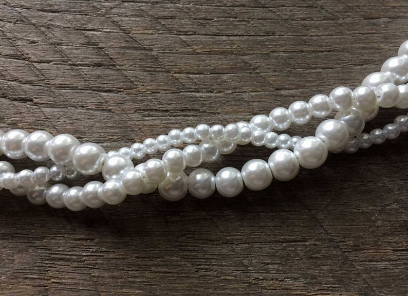 White Pearl Necklace, Braided Pearl Necklace, Pearl Bridal Necklace, Multi Strand Necklace on Silver or Gold Chain image 2