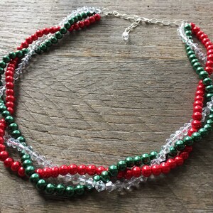 Christmas Necklace, Braided Pearl Necklace, Red Green Crystal Necklace, Multi Strand Necklace, Braided Necklace on Silver or Gold image 1