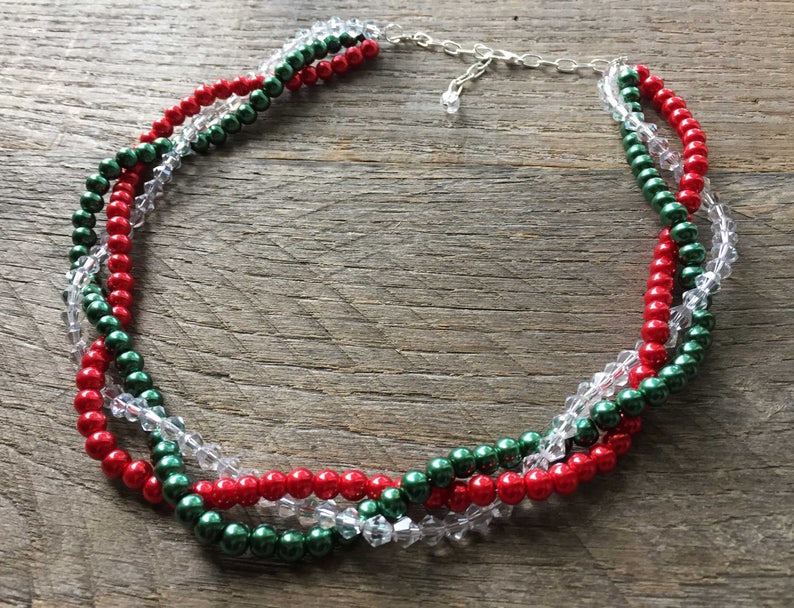 Christmas Necklace, Braided Pearl Necklace, Red Green Crystal Necklace, Multi Strand Necklace, Braided Necklace on Silver or Gold image 1