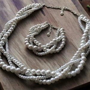 Bridal Jewelry Set, Pearl Necklace and Bracelet on Silver or Gold Chain