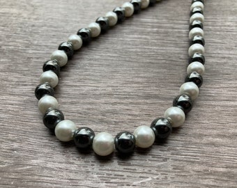 Hematite & Pearl Necklace, Alternating 8mm or 6mm Beads, Adjustable with 2" Extender Chain, Multiple Sizes and Lengths Available