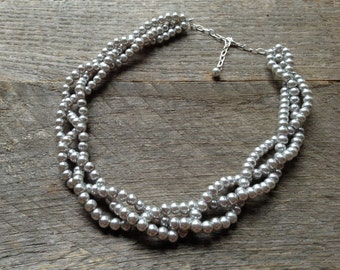Silver Multi Strand Necklace, Pearl Bridal Necklace, Braided Pearl Wedding Necklace on Silver or Gold Chain