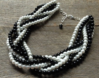 Black White Pearl Statement Necklace, Multi Strand Necklace Wedding Necklace, Chunky Braided Necklace on Silver or Gold Chain