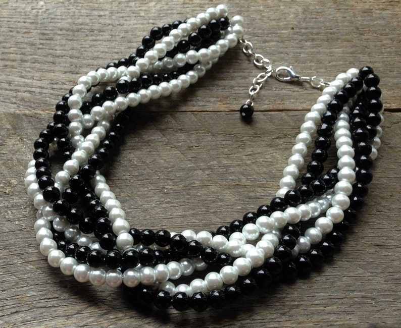 Black White Pearl Statement Necklace, Multi Strand Necklace Wedding Necklace, Chunky Braided Necklace on Silver or Gold Chain image 1