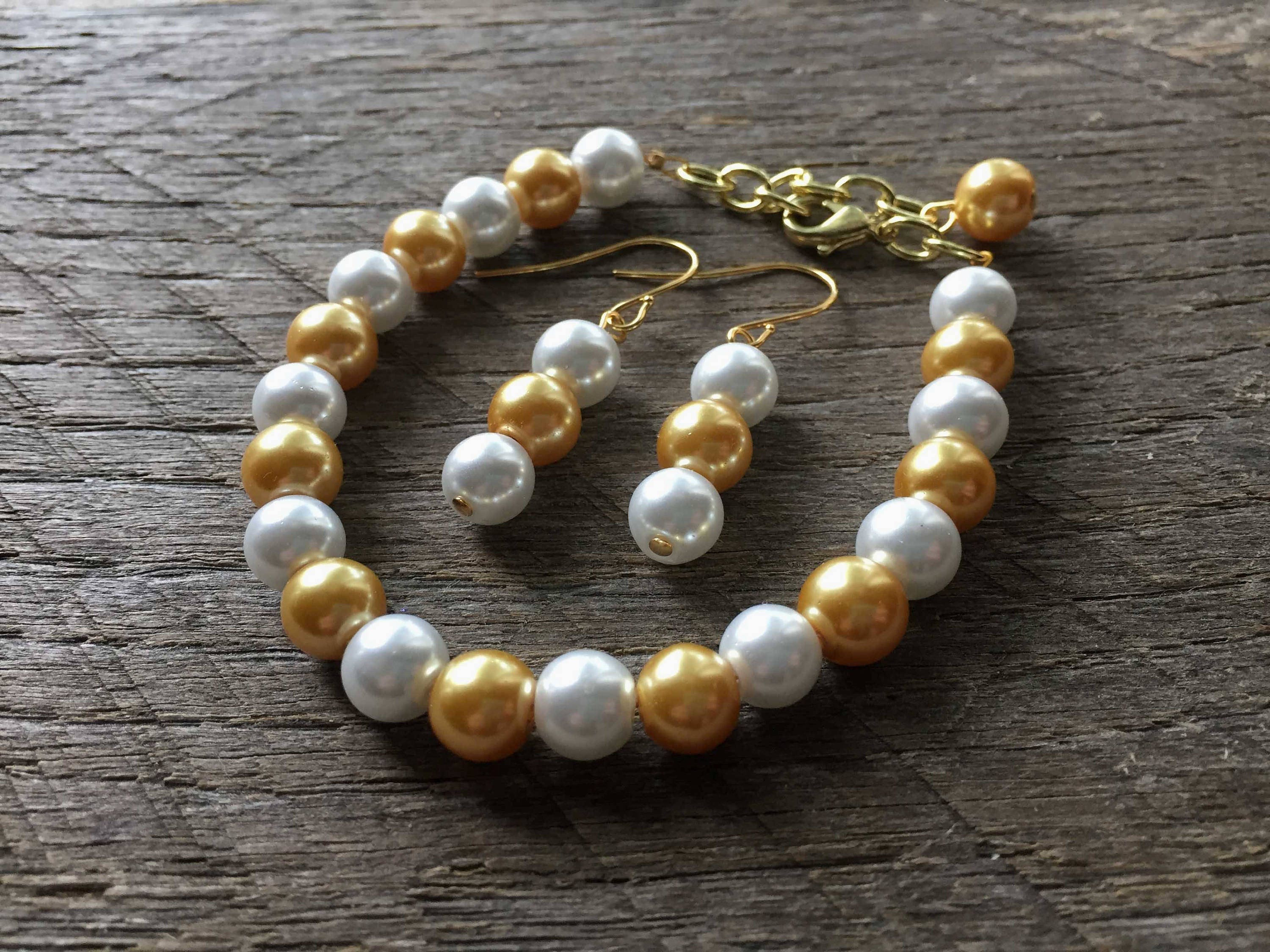 White and Gold Pearl Set Bracelet Earrings Bridal Set | Etsy
