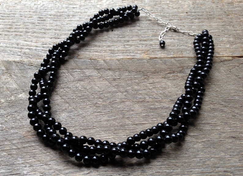 Black Pearl Necklace, Multi Strand Statement Jewelry, Braided Bead Necklace image 1