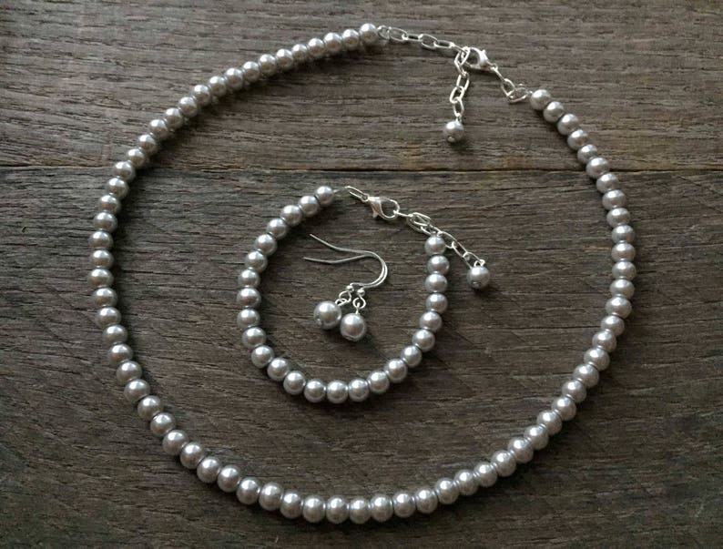 Silver Set Flower Girl Pearl Necklace Bracelet Earring One Single Strand Simple Pearl Necklace Bracelet Earrings on Silver or Gold image 3