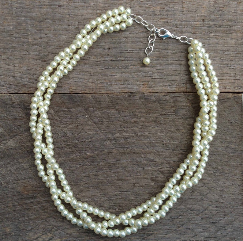 Ivory Pearl Necklace, Pearl Bridal Necklace, Braided Pearl Wedding Necklace on Silver or Gold Chain image 2