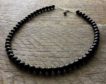 Black Pearl Choker, 8mm Bridal Choker Necklace with Adjustable 2" Extender Chain