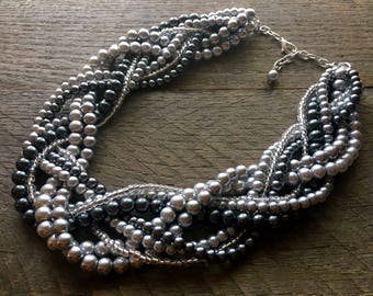 Silver Grey Pearl Statement Necklace, Multi Strand Necklace Wedding Necklace, Chunky Braided Necklace on Silver Chain