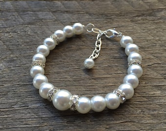 Pearl & Rhinestone Bracelet with Crystal Accents on Silver or Gold Chain, Bridal Jewelry