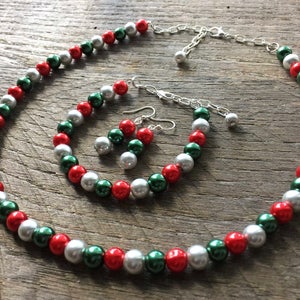 Christmas Jewelry Set, Silver Red Green Pearl Necklace Set, Christmas Jewelry, Xmas set, Xmas Jewelry on Silver Chain image 1