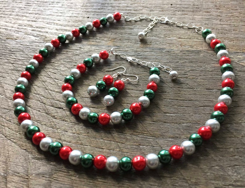 Christmas Jewelry Set, Silver Red Green Pearl Necklace Set, Christmas Jewelry, Xmas set, Xmas Jewelry on Silver Chain image 1