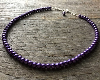 Dark Purple Flower Girl Necklace, Simple Pearl Necklace, Choker or Long Necklace, Sautoir, Flower Girl Jewelry Gift on Silver or Gold Chain