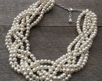Cream Ivory Pearl Statement Necklace, Multi Strand Necklace, Chunky Wedding Necklace, Braided Necklace on Silver or Gold Chain