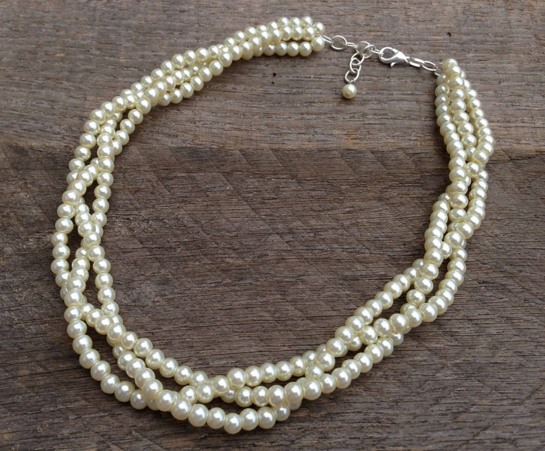 Ivory Pearl Necklace, Pearl Bridal Necklace, Braided Pearl Wedding Necklace on Silver or Gold Chain image 1