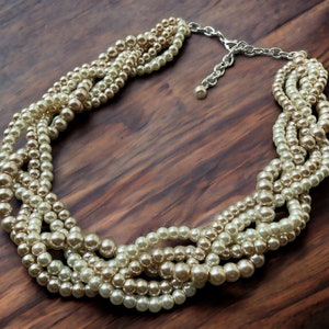 Twisted Pearl Necklace, Champagne and Cream Ivory Statement Faux Pearl Necklace