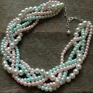 Baby Pink Blue Chunky Pearl Necklace Multi Strand Wedding Statement Gender Reveal, Baby Shower on Silver or Gold image 1