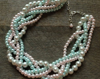 Baby Pink Blue Chunky Pearl Necklace Multi Strand Wedding Statement Gender Reveal, Baby Shower on Silver or Gold