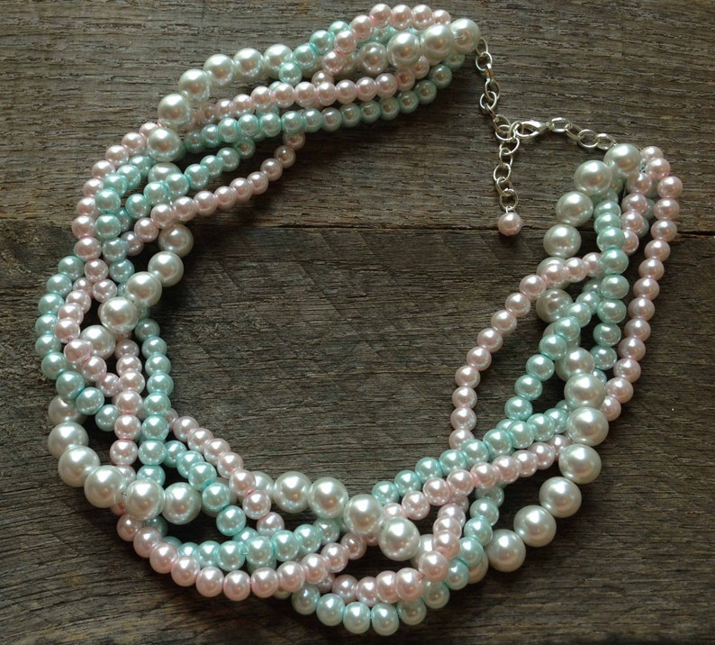 Baby Pink Blue Chunky Pearl Necklace Multi Strand Wedding Statement Gender Reveal, Baby Shower on Silver or Gold image 1
