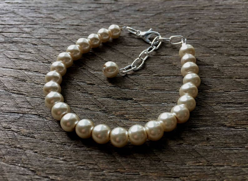 Champagne Flower Girl Set Pearl Bracelet Earring One Single Strand Simple Pearl Bracelet Earrings on Silver or Gold Chain and Ear Wire Hook image 3