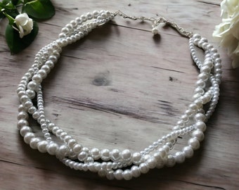 Twisted Pearl Necklace, Multi strand Graduated Bridal Gift on Silver or Gold Chain