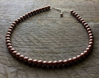 Brown Pearl Necklace Bridal Necklace One Single Strand Simple Pearl Necklace on Silver or Gold Chain