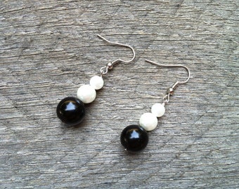 Black White Earrings Glass Pearl on Silver or Gold French Wire Hook