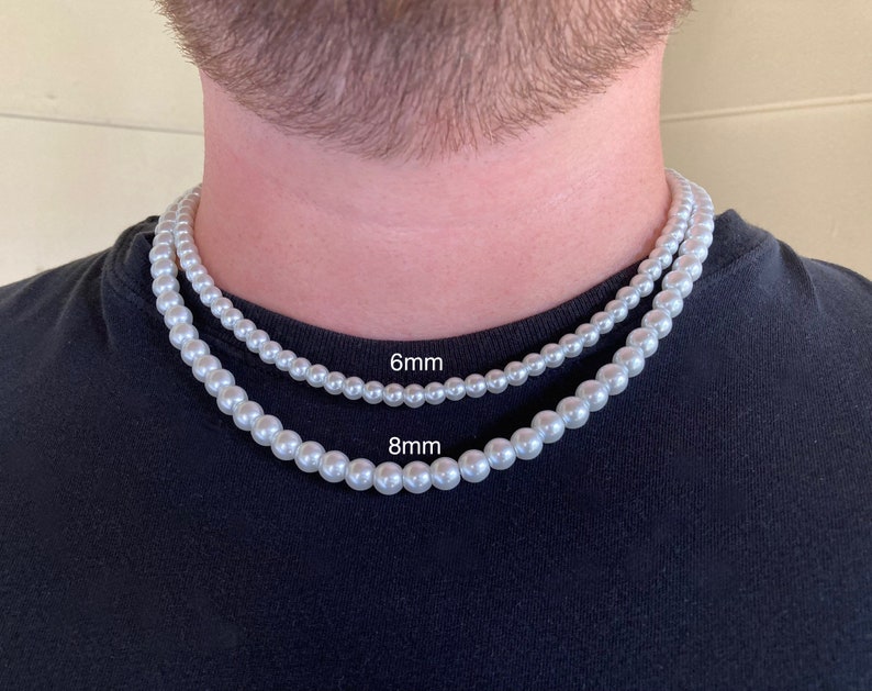 Pearl Necklace for Men, 8mm or 6mm Pearls, Adjustable with 2' Extender Chain, Multiple Sizes and Lengths Available 