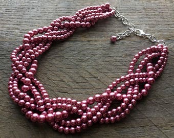 Dusty Rose Pink Chunky Pearl Necklace, Multi Strand Wedding Statement Mother Gift for Her on Silver or Gold Chain