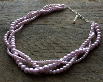 Lilac Pearl  Necklace, Braided Pearl Necklace, Pearl Bridal Necklace, Multi Strand Necklace on Silver or Gold Chain