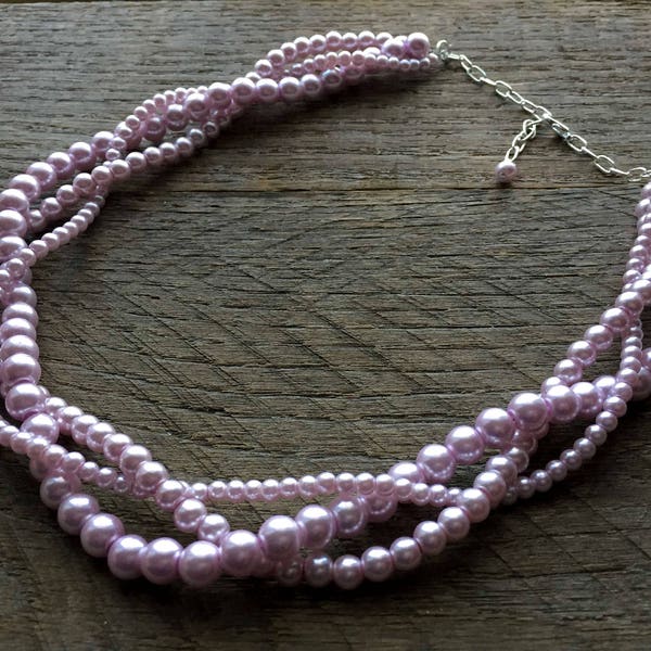 Lilac Pearl  Necklace, Braided Pearl Necklace, Pearl Bridal Necklace, Multi Strand Necklace on Silver or Gold Chain