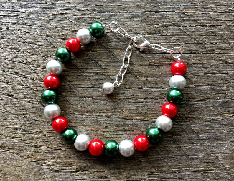 Christmas Jewelry Set, Silver Red Green Pearl Necklace Set, Christmas Jewelry, Xmas set, Xmas Jewelry on Silver Chain image 7