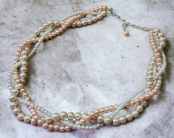 Braided Pearl Necklace Pink Champagne Cream Ivory Multistrand Jewelry on Silver or Gold Chain