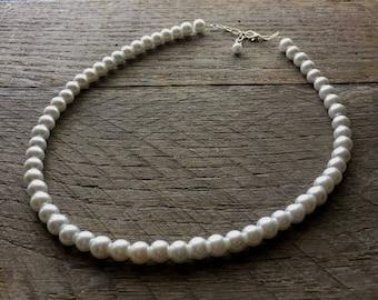 Men's Pearl Choker Necklace, 8mm Adjustable with 2" Extender Chain, Multiple Sizes Available
