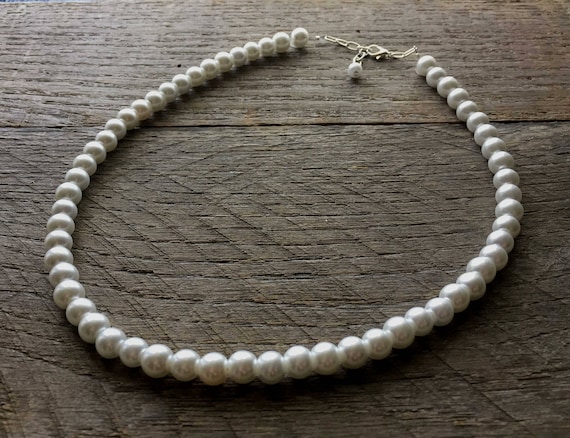 Champagne Faux PEARLS NECKLACE 27” Long Silver Detail Crystals