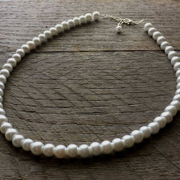 Classic Pearl Choker Necklace, White Bridal Choker Necklace with Adjustable 2" Extender Chain