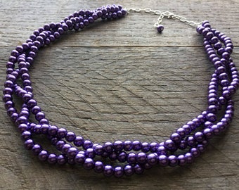 Dark Purple Pearl Necklace, Pearl Bridal Necklace, Braided Pearl Wedding Necklace on Silver or Gold Chain