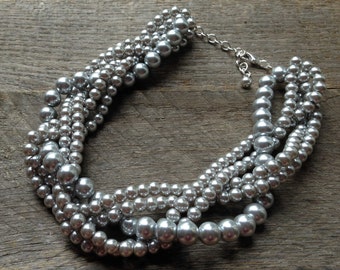 Grey Pearl Necklace Silver Statement Bridal Necklace Braided Cluster on Silver or Gold Chain