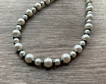 Pearl Necklace with Hematite Spacers, 6mm and 4mm Pearls, Adjustable with 2" Extender Chain, Multiple Sizes and Lengths Available