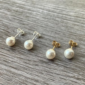 14kt Gold Pearl Stud Earrings, Sterling Silver Faux Pearl Post Earrings image 2