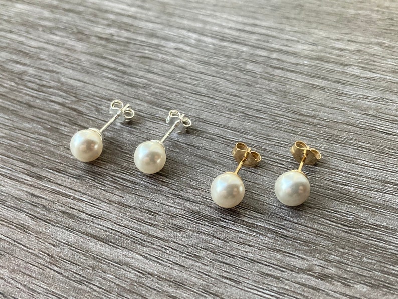 14kt Gold Pearl Stud Earrings, Sterling Silver Faux Pearl Post Earrings image 2